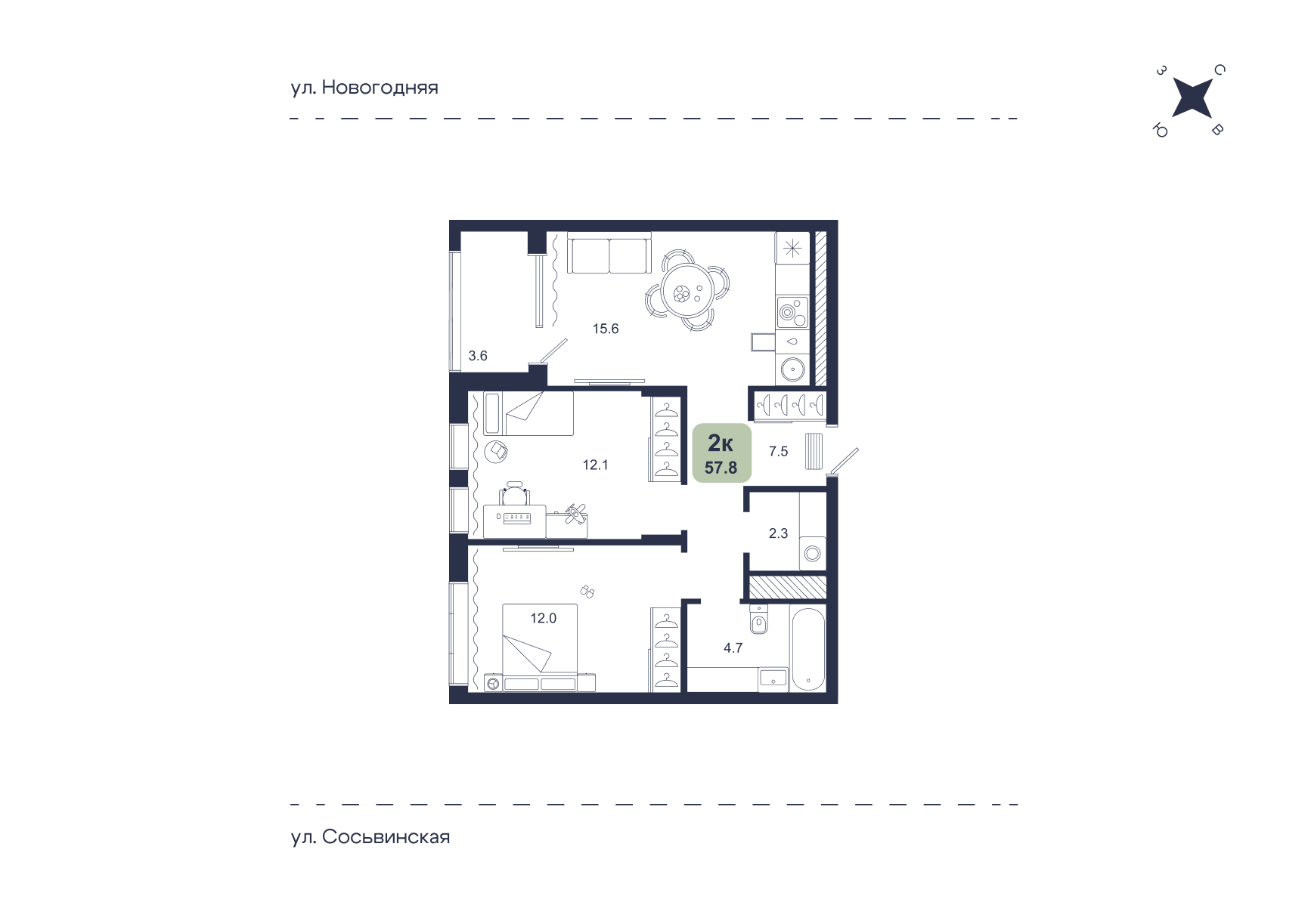 Планировка: Евротрешка 57.8 м² в ЖК Свой, Югра