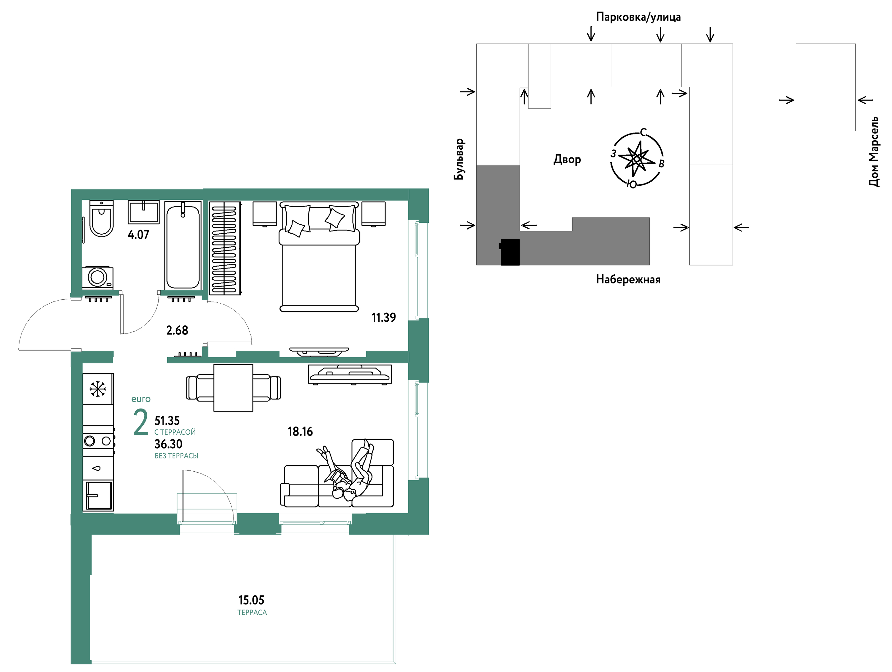 Планировка: Формат уточняется 51.4 м² в ЖК Европейский берег 2.0, Европейский
