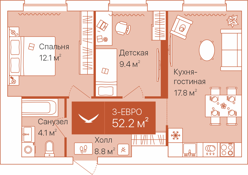 Планировка: Евротрешка 52.2 м² в ЖК Дом на Большой Спасской, Воровского