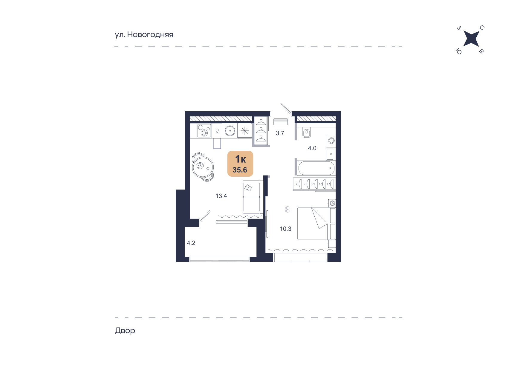 Планировка: Евродвушка 35.6 м² в ЖК Свой, Югра