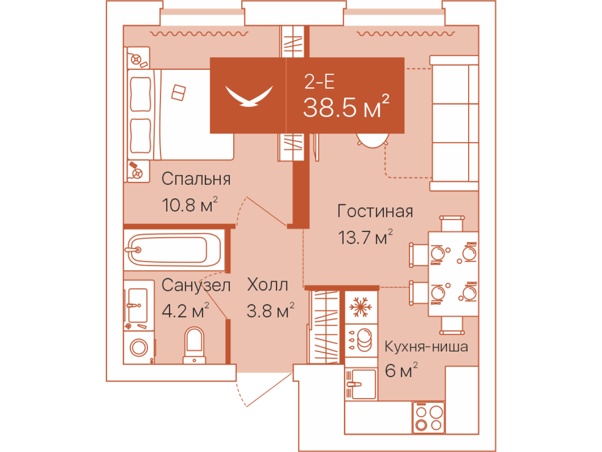 Планировка: Евродвушка 38.5 м² в ЖК Дом на Большой Спасской, Воровского