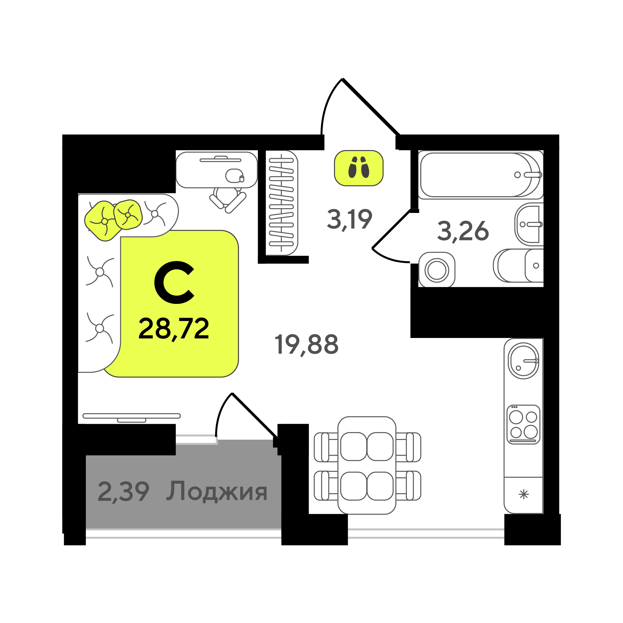 Планировка: Студия 28.7 м² в ЖК Окинава, 5-й Заречный