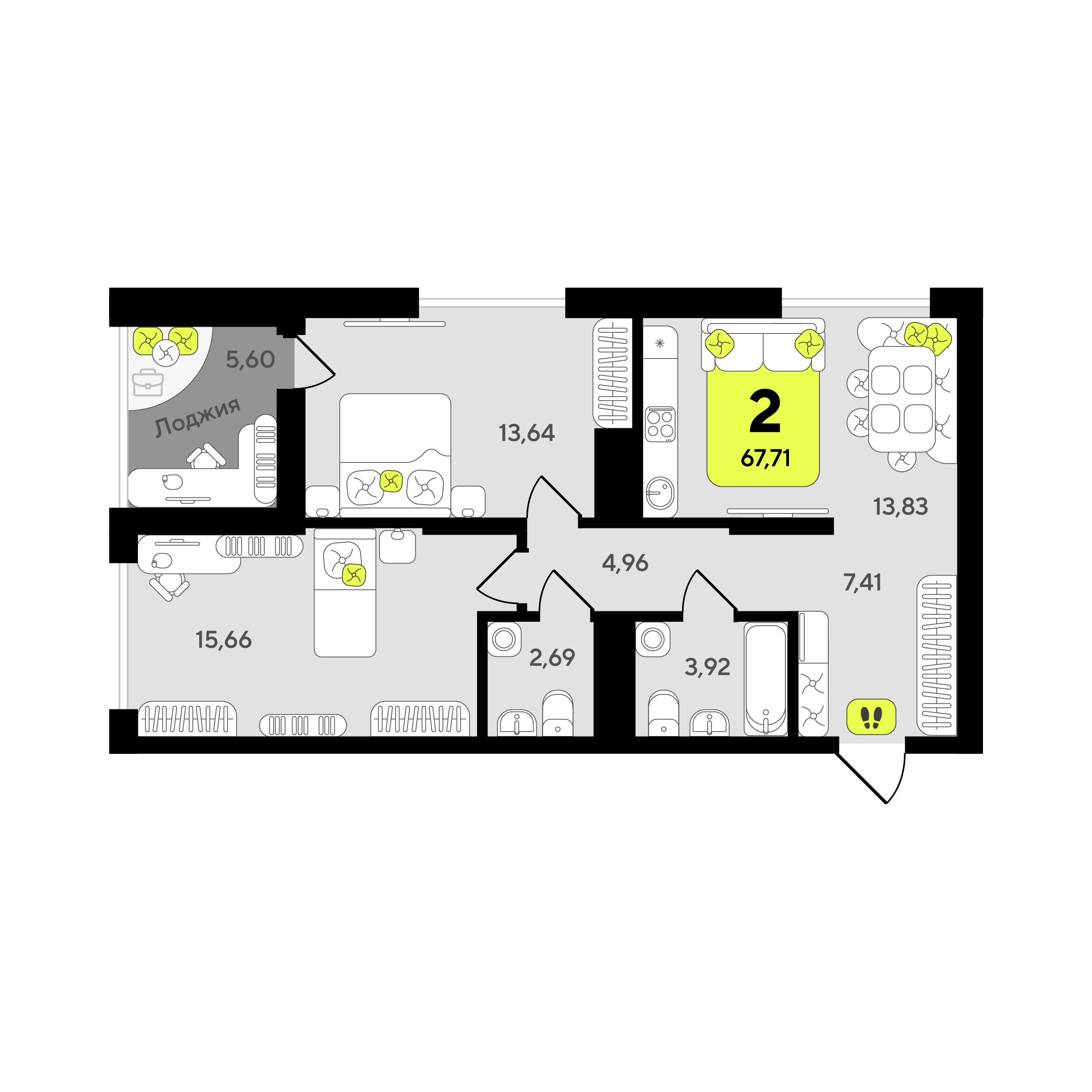 Планировка: Евротрешка 67.7 м² в ЖК Окинава, 5-й Заречный
