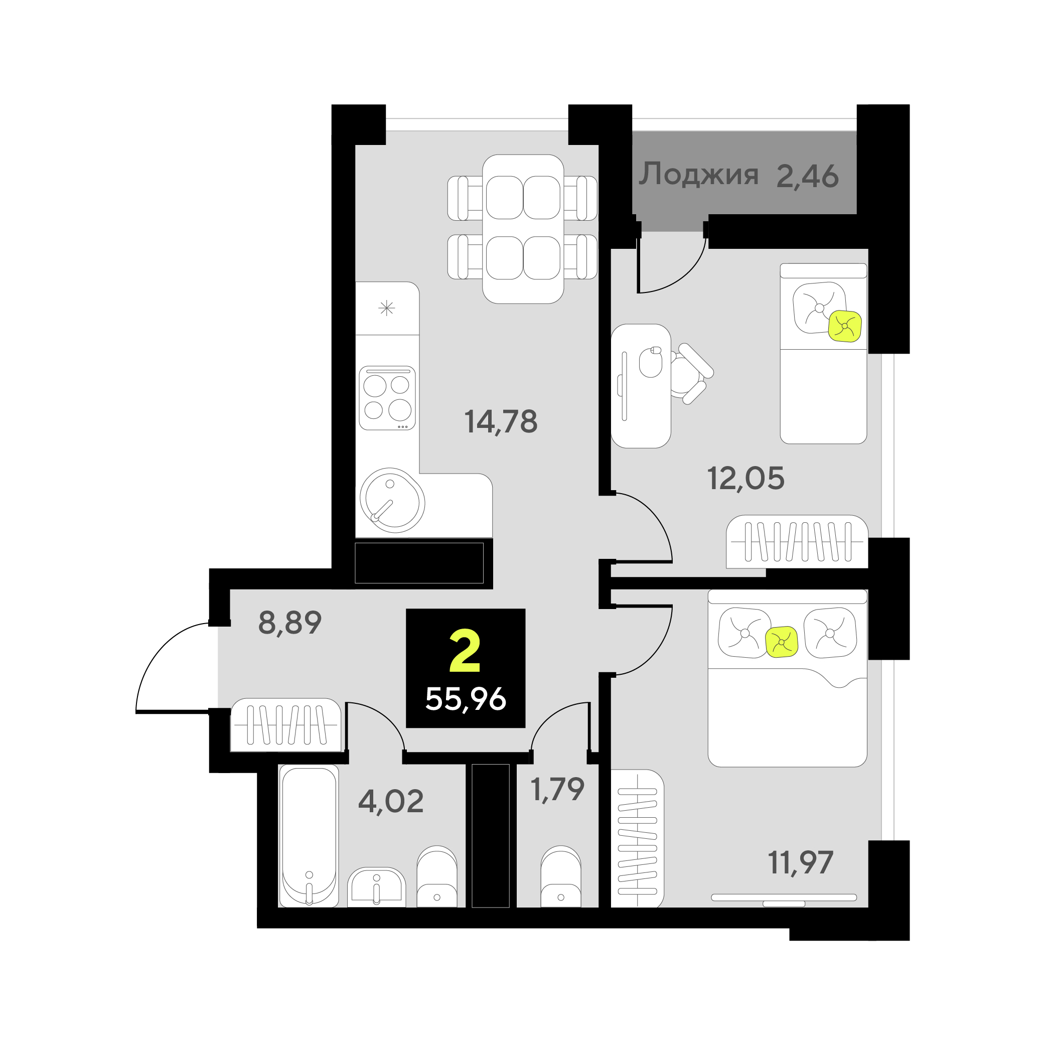 Планировка: Евротрешка 56 м² в ЖК Окинава, 5-й Заречный