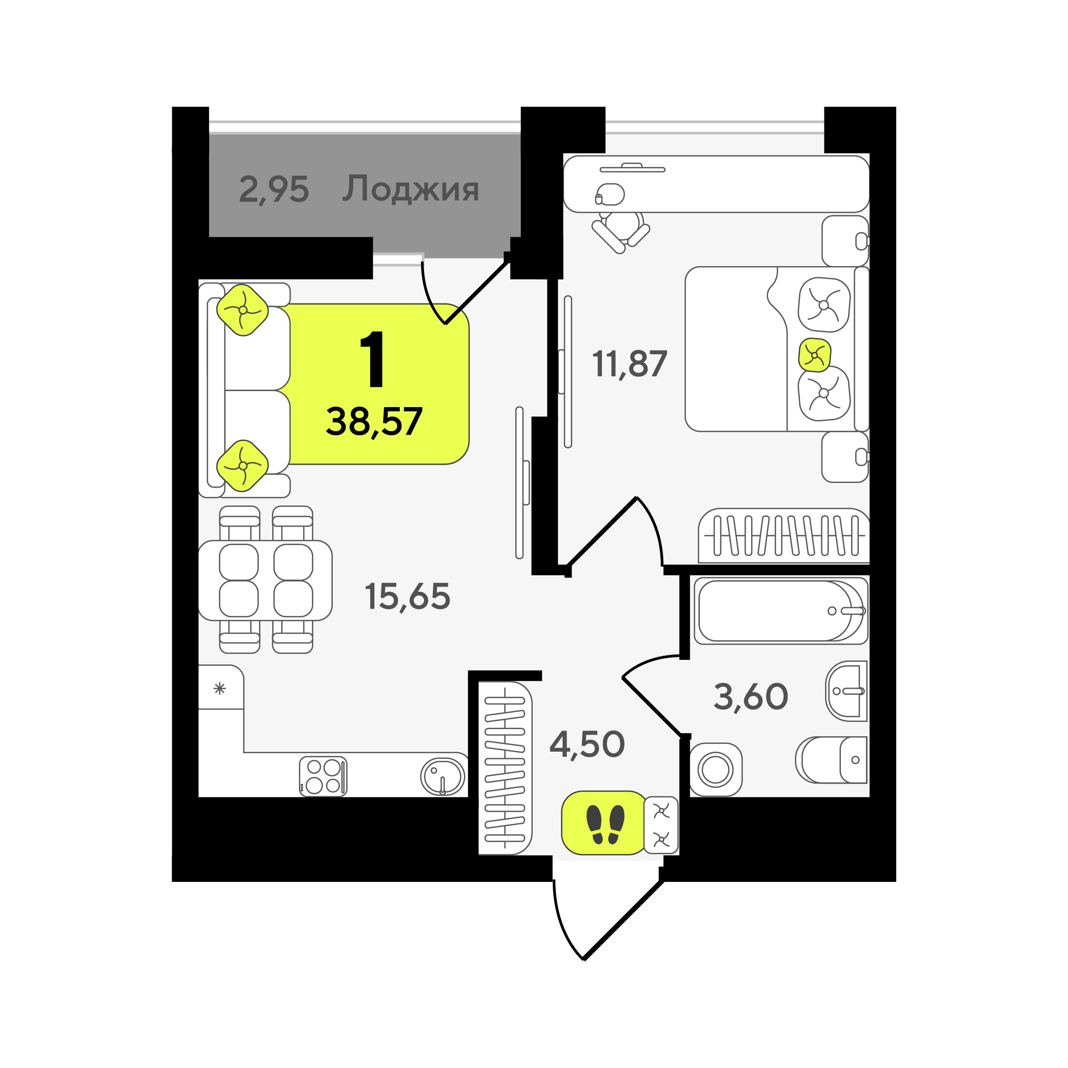Планировка: Евродвушка 38.6 м² в ЖК Окинава, 5-й Заречный