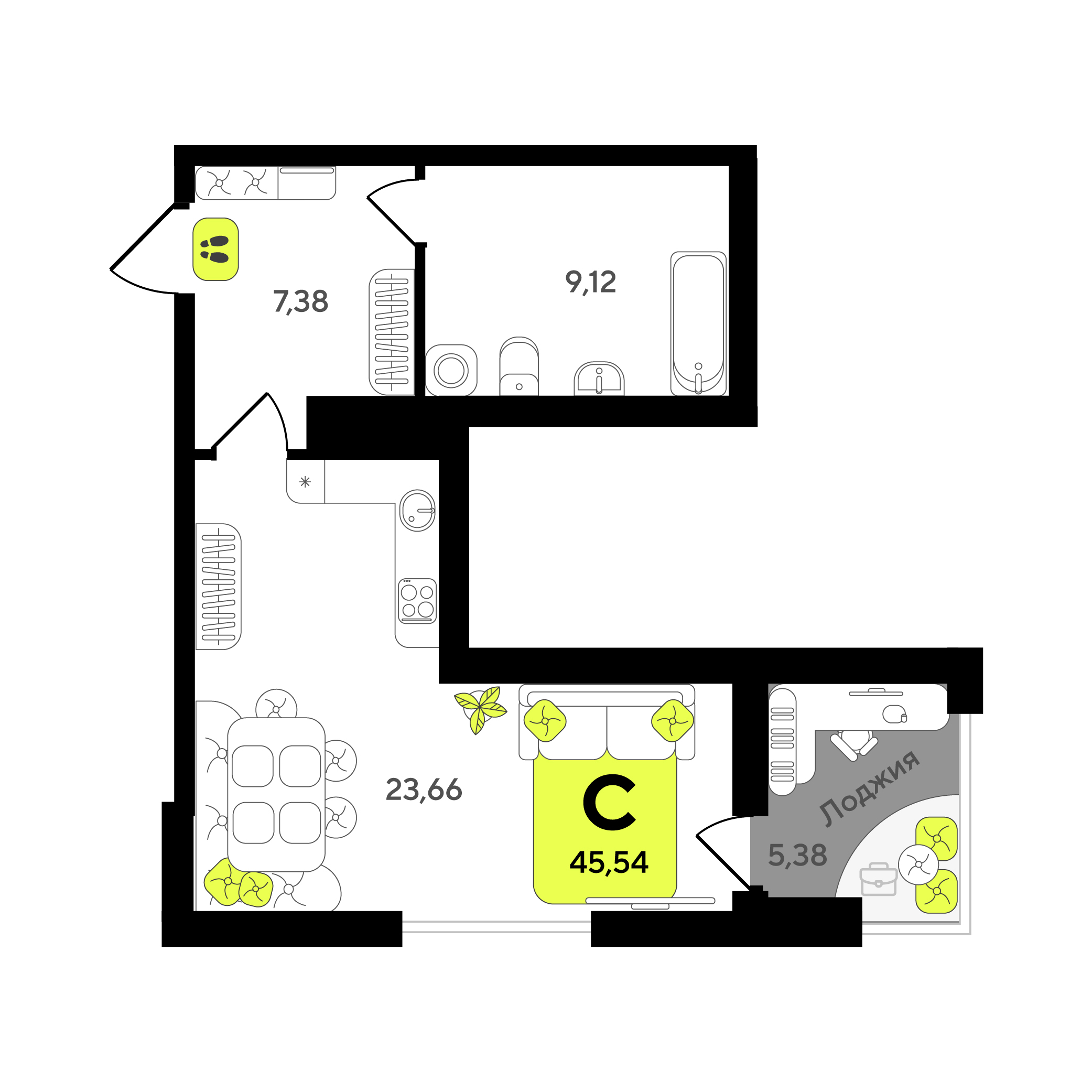 Планировка: Студия 45.5 м² в ЖК Окинава, 5-й Заречный