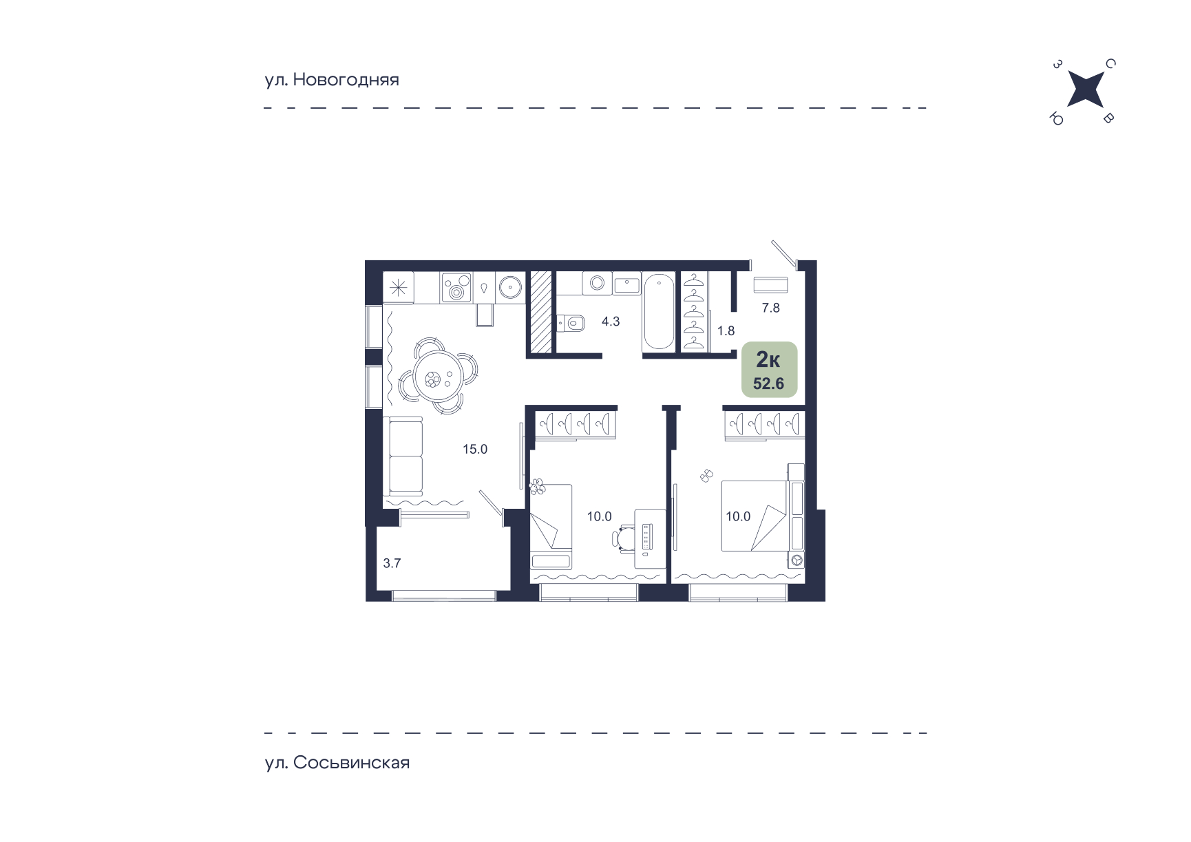 Планировка: Евротрешка 52.6 м² в ЖК Свой, Югра