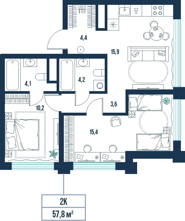 Планировка: Формат уточняется 57.8 м² в ЖК AIRIS, Комарово Парк