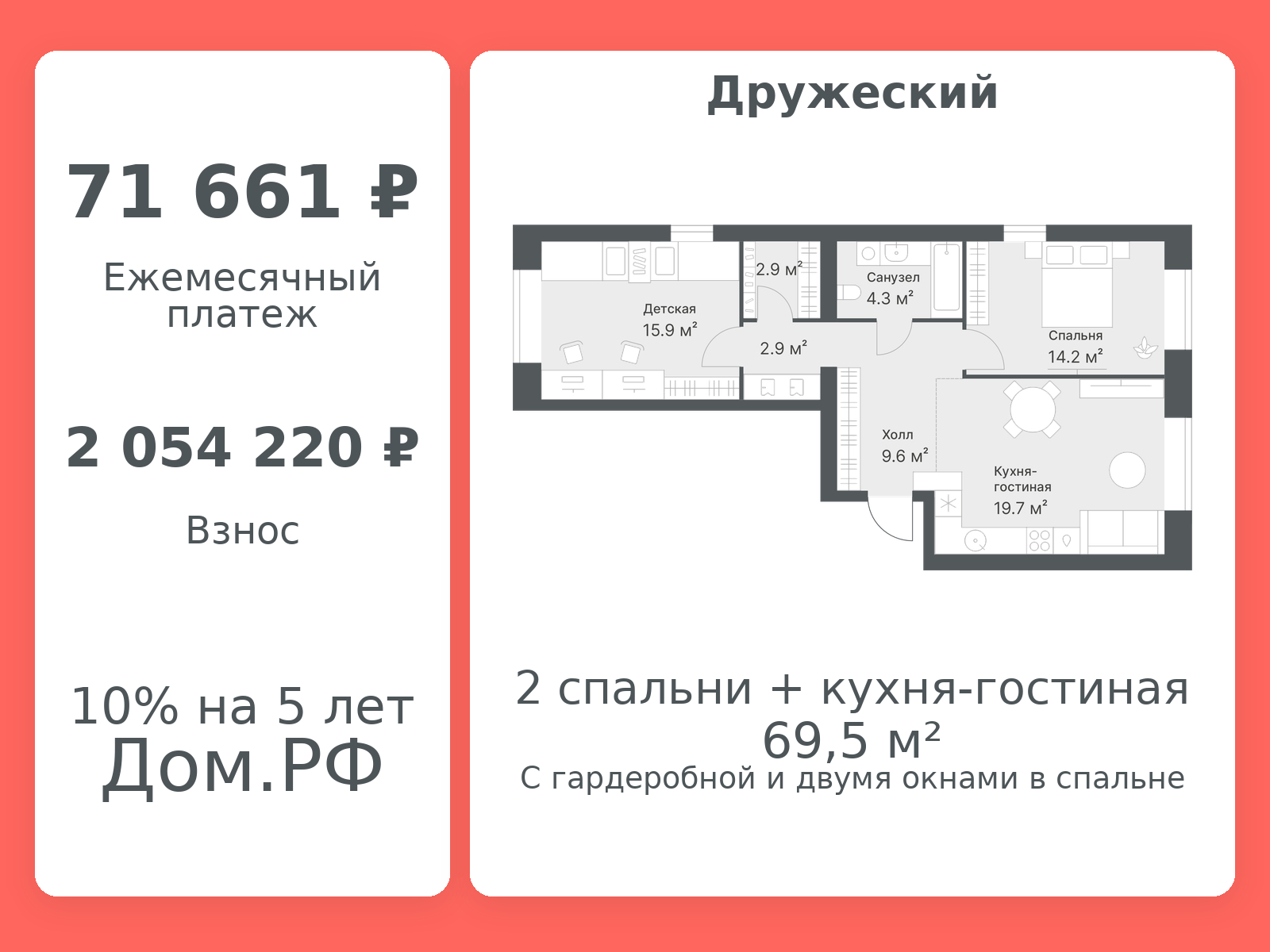 Планировка: Евротрешка 69.5 м² в ЖК Дружеский, Плеханово
