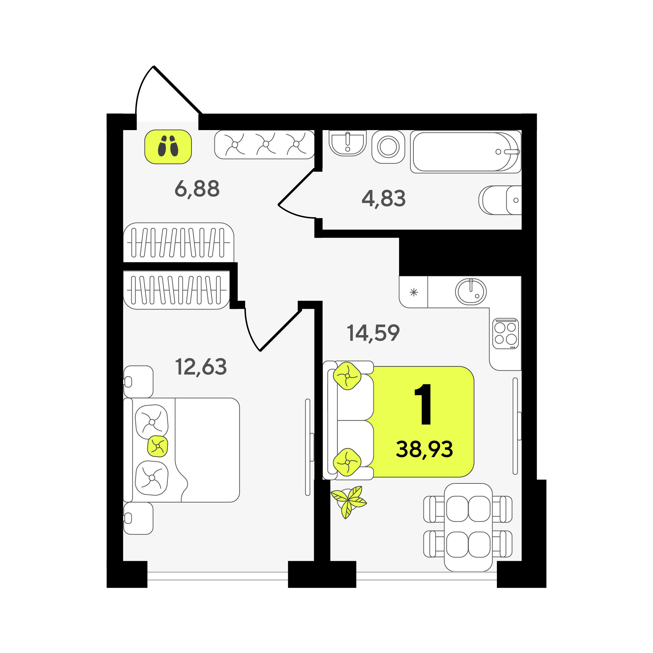 Планировка: Евродвушка 38.9 м² в ЖК Окинава, 5-й Заречный