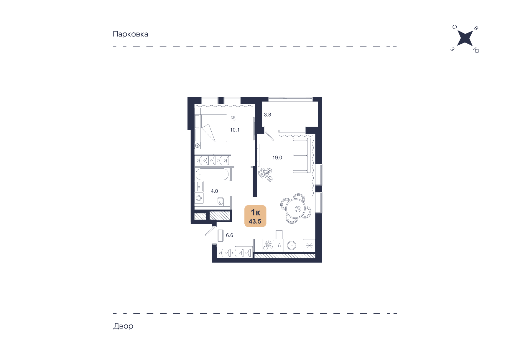 Планировка: Евродвушка 43.5 м² в ЖК Свой, Югра