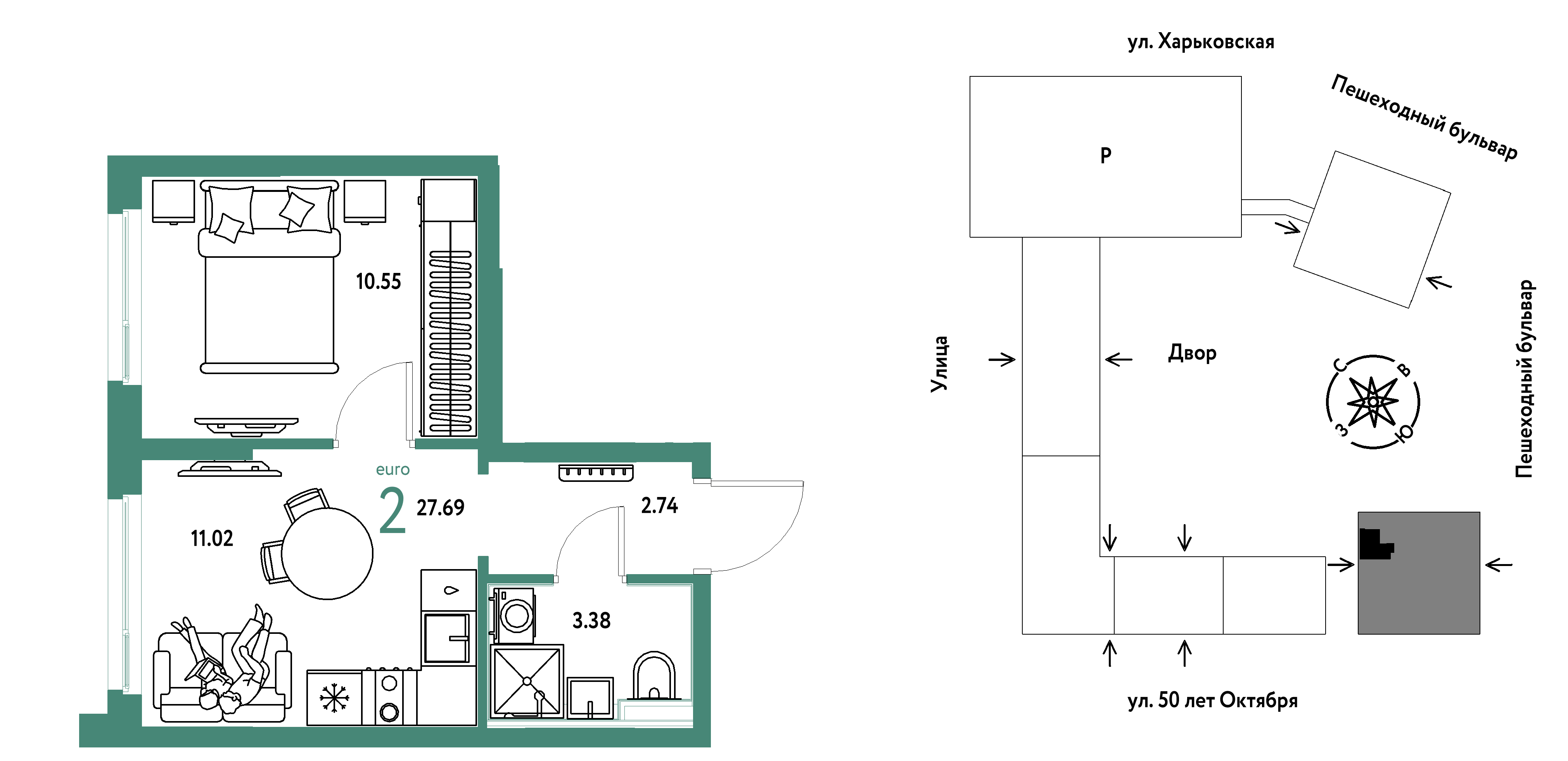 Планировка: 1-комнатная 27.7 м² в ЖК Сердце Сибири, Центр: КПД