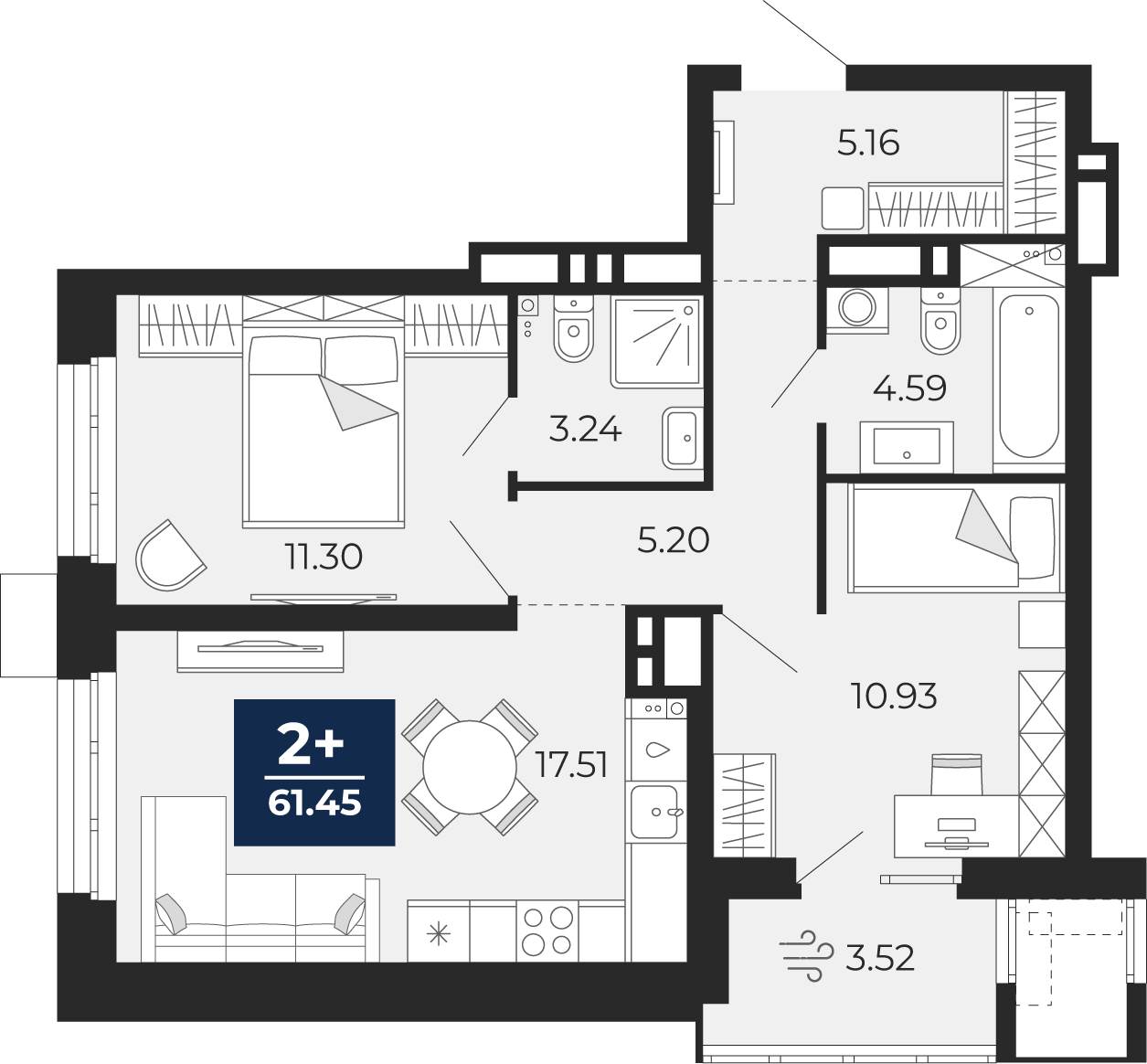Планировка: Формат уточняется 57.9 м² в ЖК Мириады, Мыс
