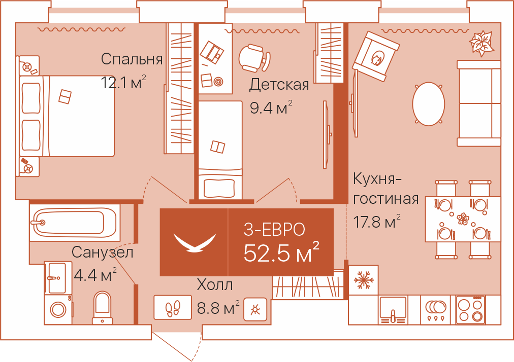 Планировка: Евротрешка 52.5 м² в ЖК Дом на Большой Спасской, Воровского
