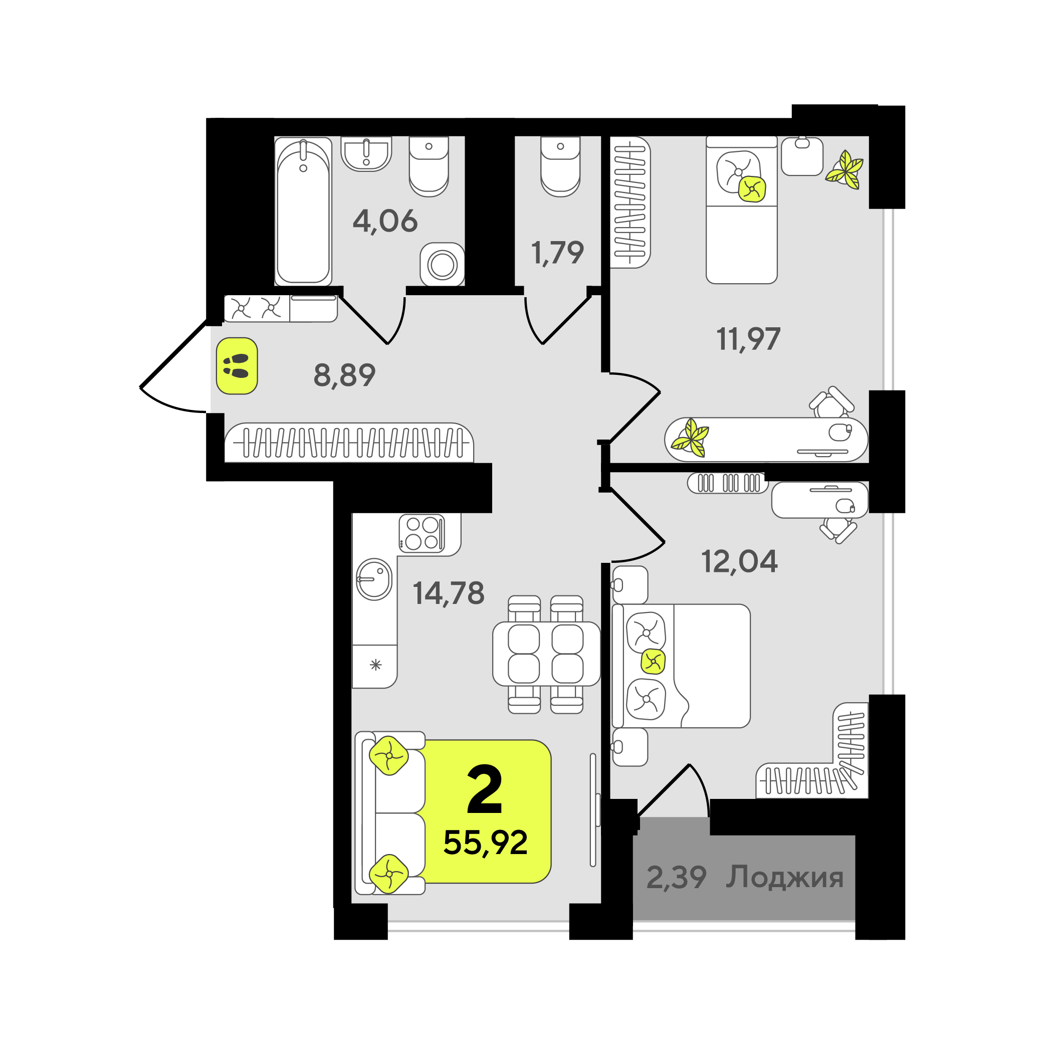 Планировка: Евротрешка 55.9 м² в ЖК Окинава, 5-й Заречный