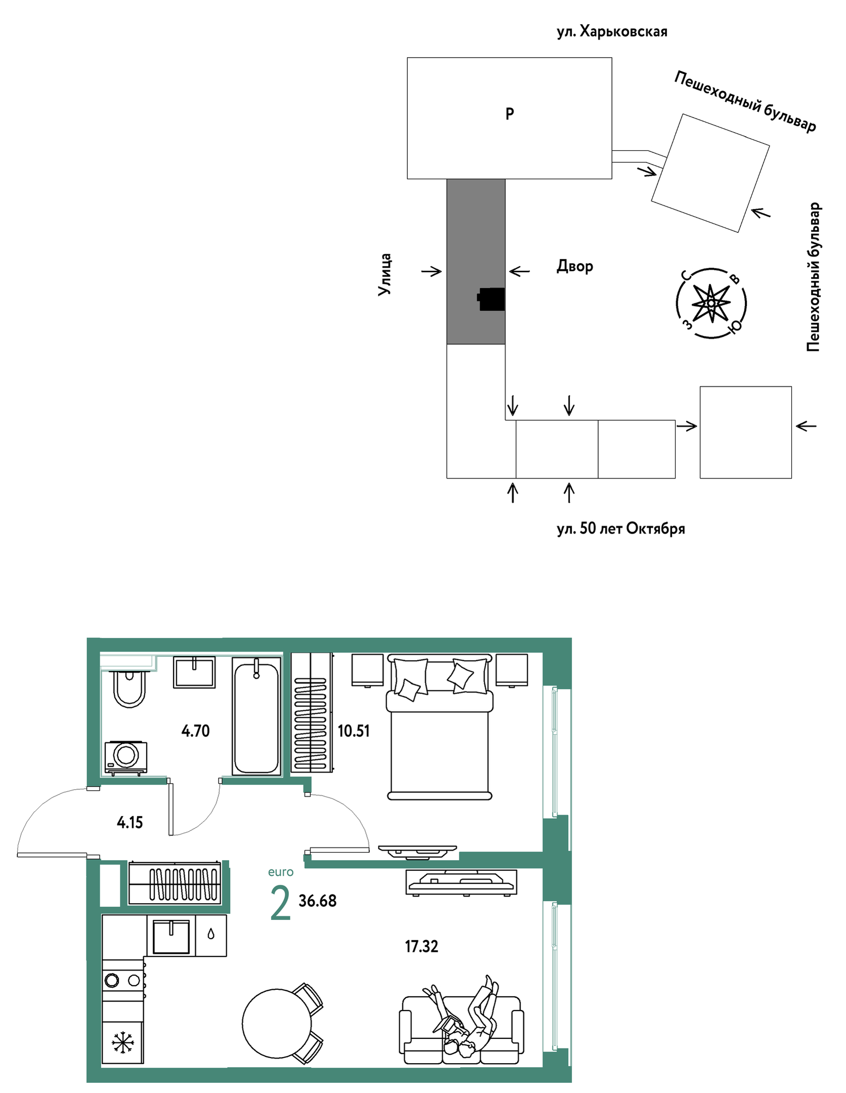Планировка: Евродвушка 36.7 м² в ЖК Сердце Сибири, Центр: КПД