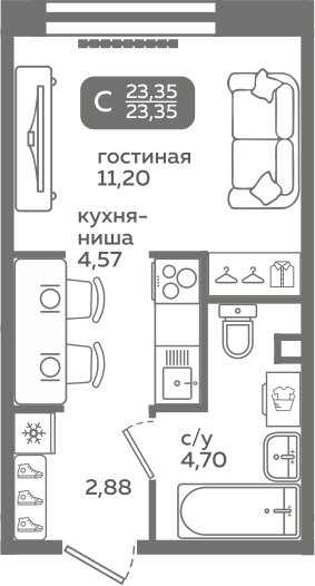 Планировка: Формат уточняется 23.4 м² в ЖК Меридиан Слобода, Тюменская слобода