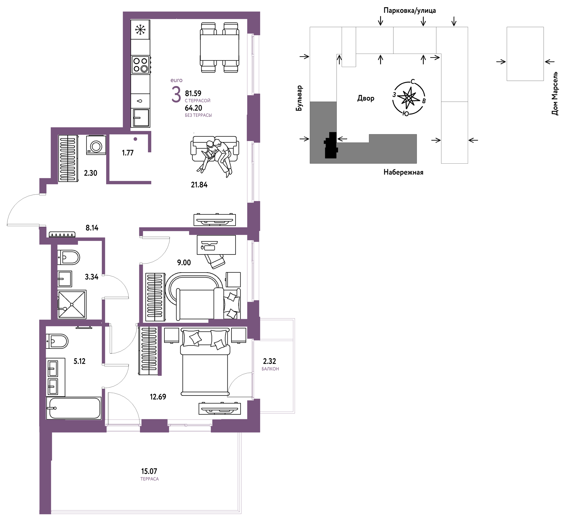 Планировка: Формат уточняется 81.6 м² в ЖК Европейский берег 2.0, Европейский