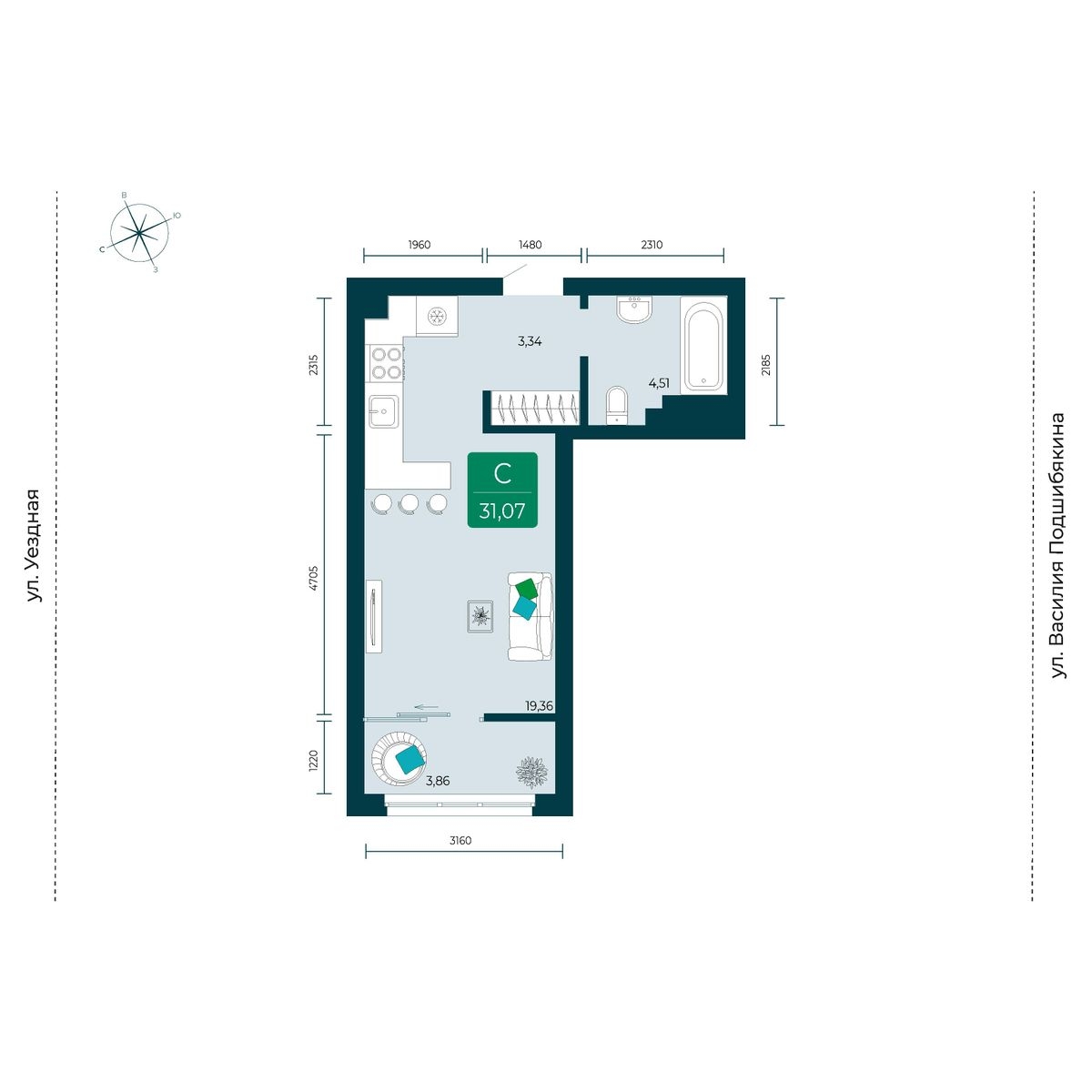 Планировка: Студия 31.1 м² в ЖК Уездные кварталы, Тюменская слобода