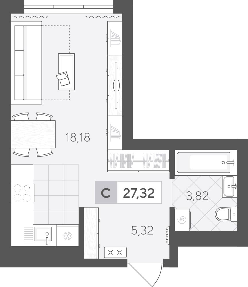 Планировка: Студия 27.3 м² в ЖК Скандиа. Квартал у Леса, Комарово Парк