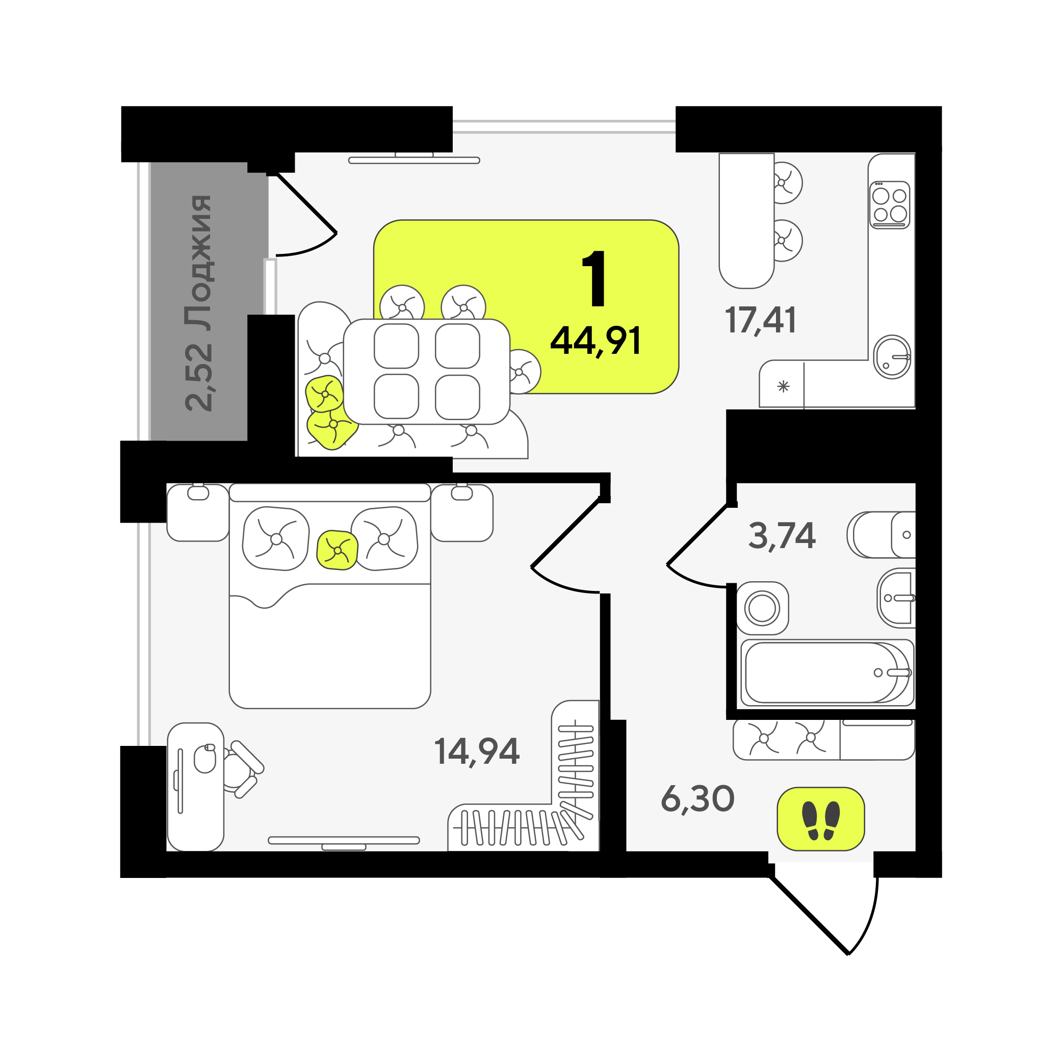 Планировка: Евродвушка 44.9 м² в ЖК Окинава, 5-й Заречный