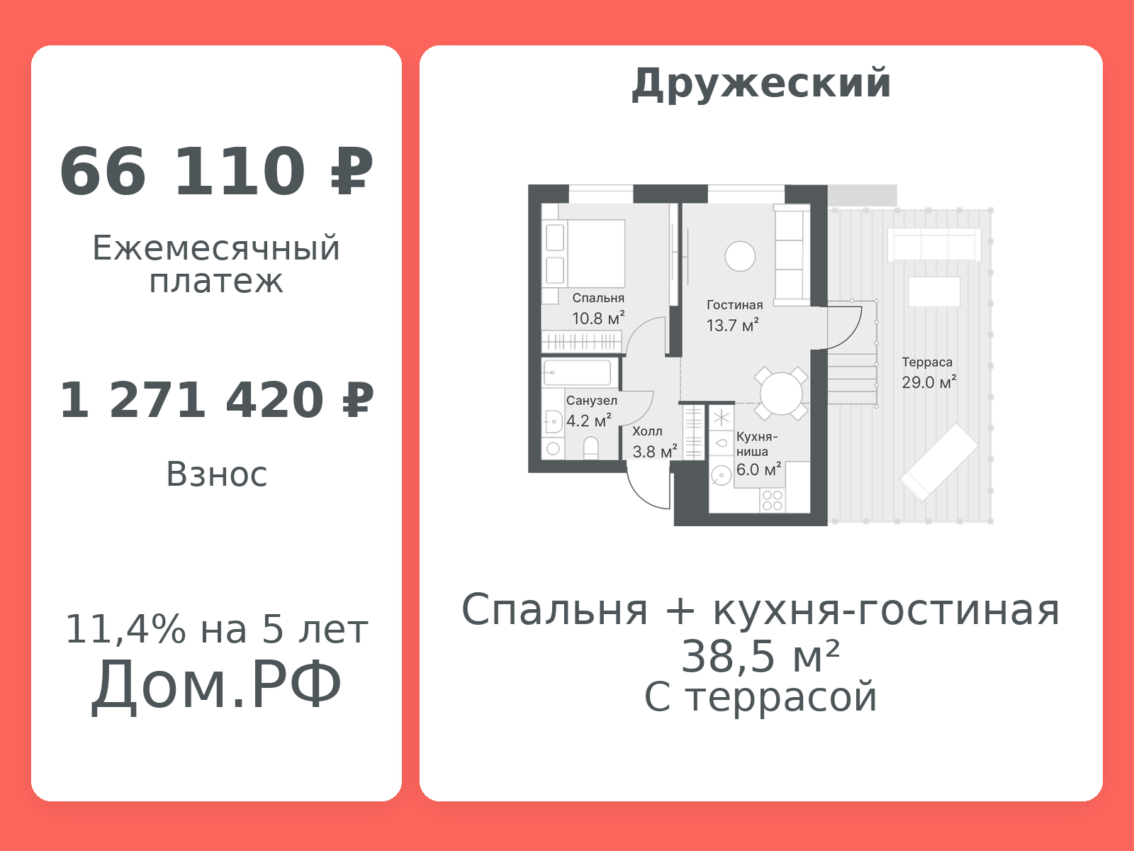 Планировка: Евродвушка 38.5 м² в ЖК Дружеский, Плеханово