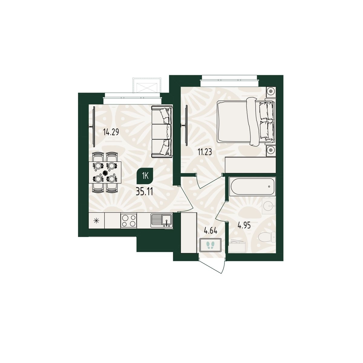 Планировка: Формат уточняется 34.7 м² в ЖК Вида, От Слободы до Комарово парк