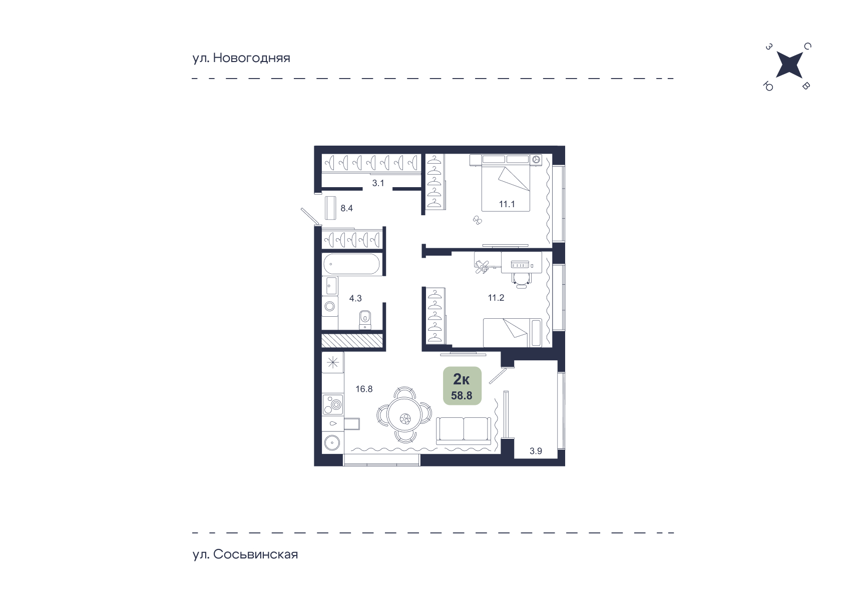 Планировка: Евротрешка 58.8 м² в ЖК Свой, Югра
