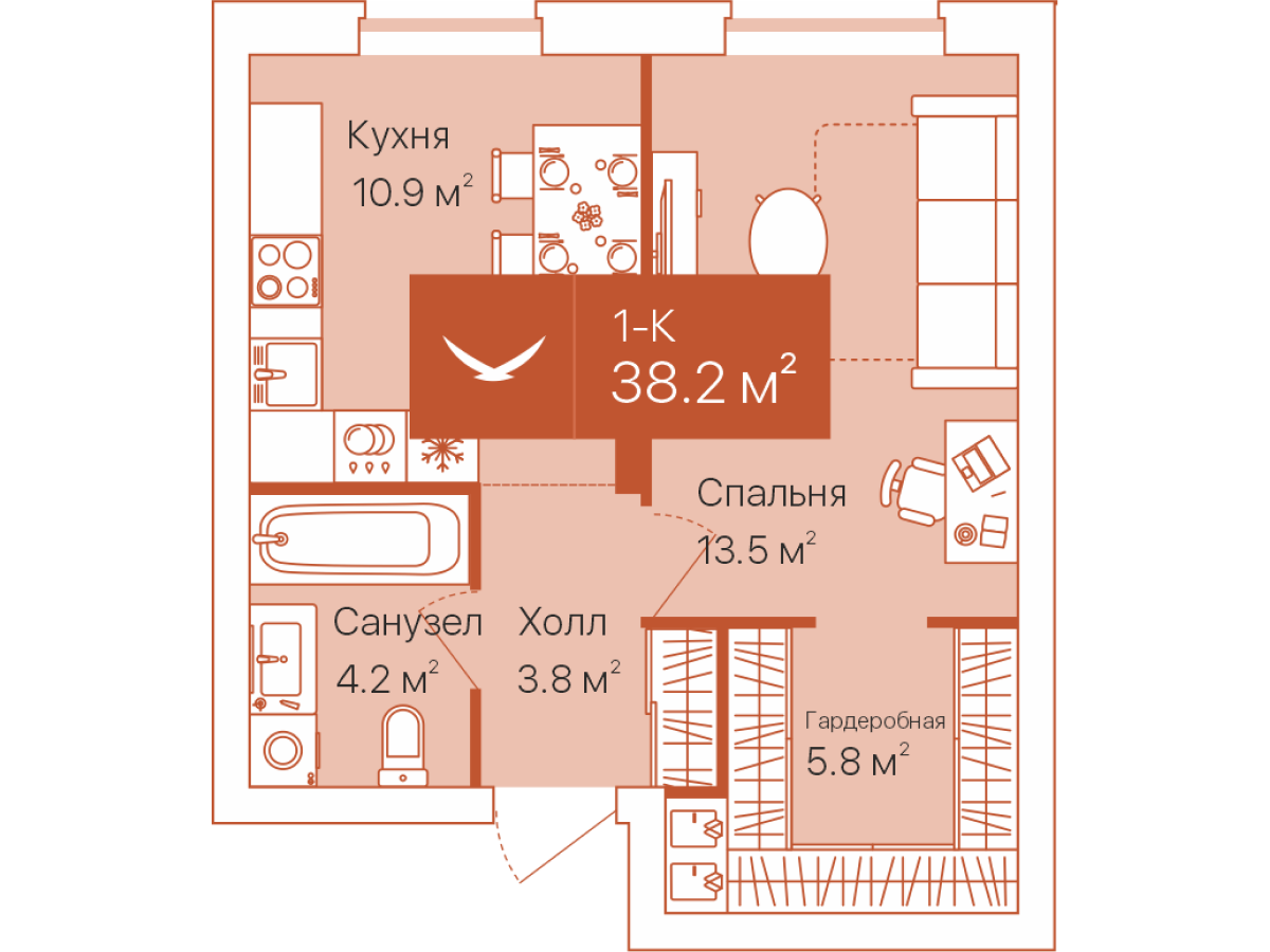 Планировка: 1-комнатная 38.2 м² в ЖК Дом на Большой Спасской, Воровского