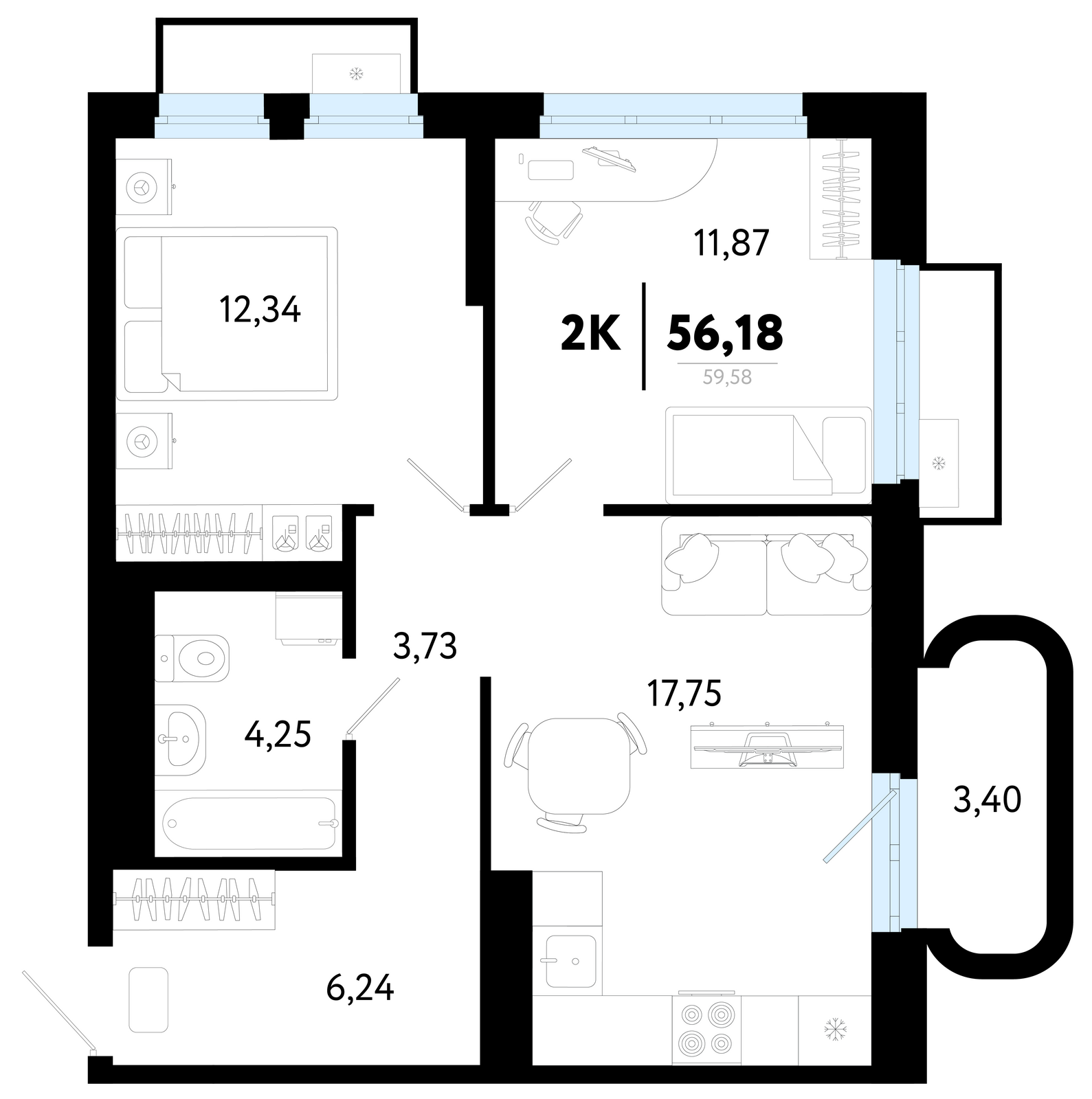 Планировка: Формат уточняется 56.2 м² в ЖК Символ, Комарово Парк