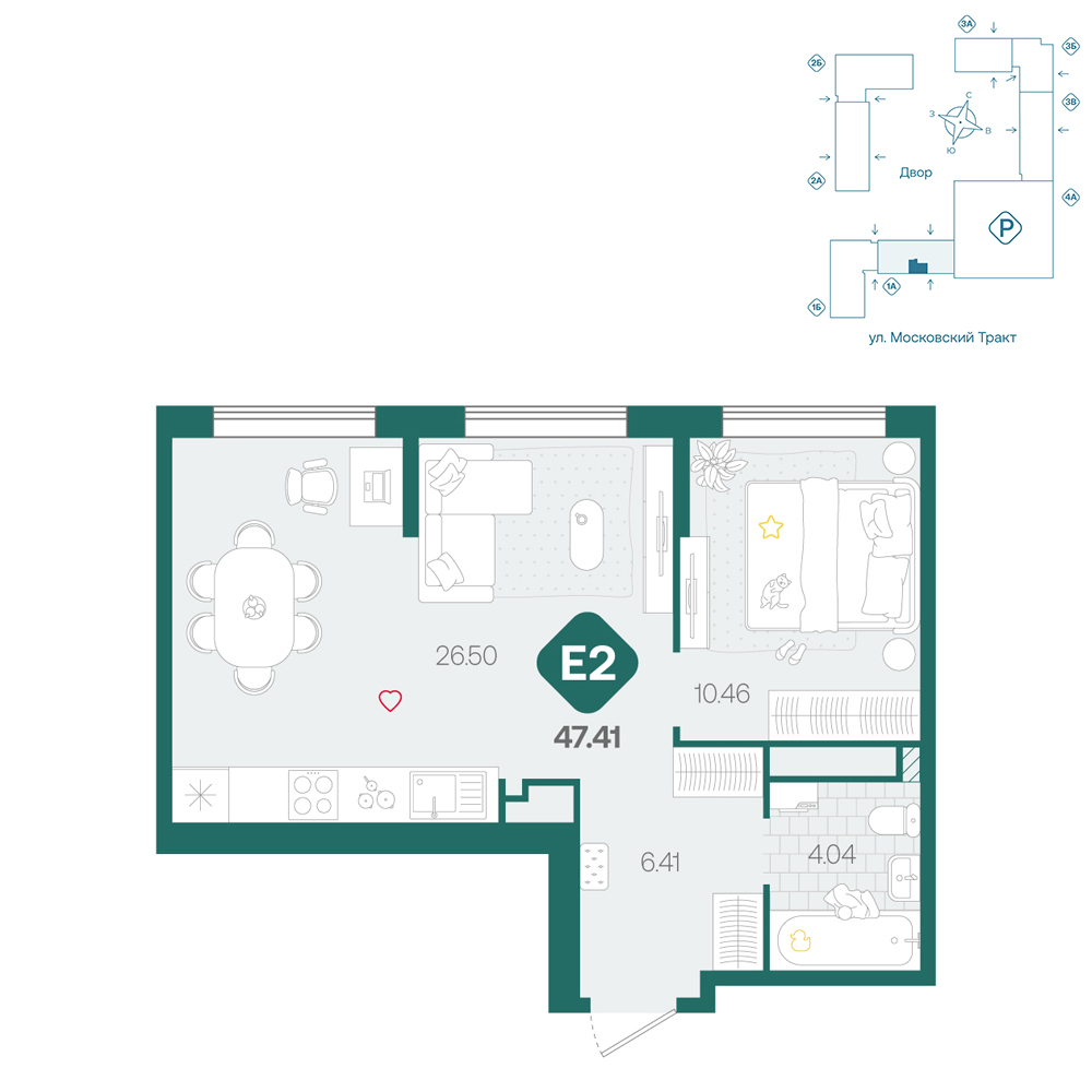Планировка: Формат уточняется 47.4 м² в ЖК Сибирский, Московский тракт