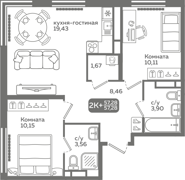Планировка: Формат уточняется 57.3 м² в ЖК Меридиан Слобода, Тюменская слобода