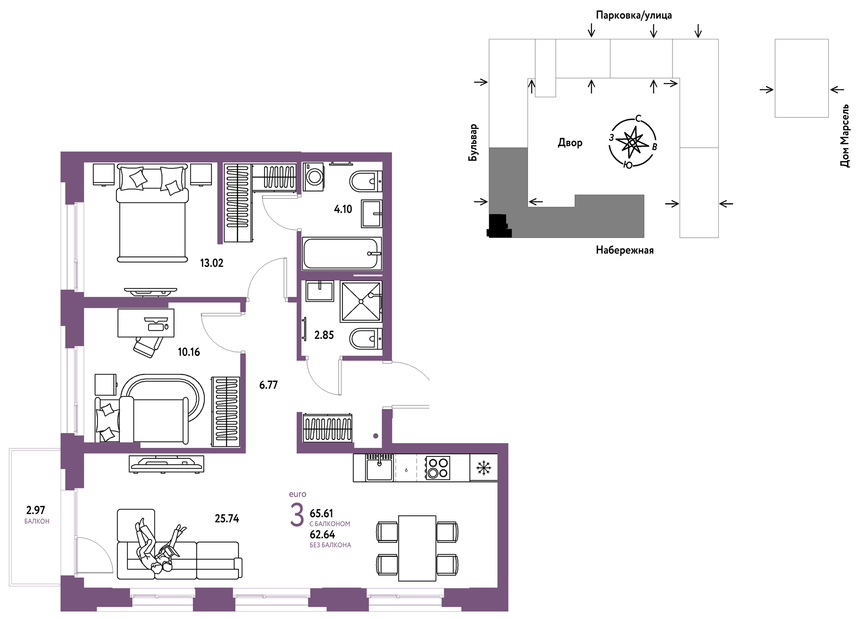 Планировка: Формат уточняется 65.6 м² в ЖК Европейский берег 2.0, Европейский