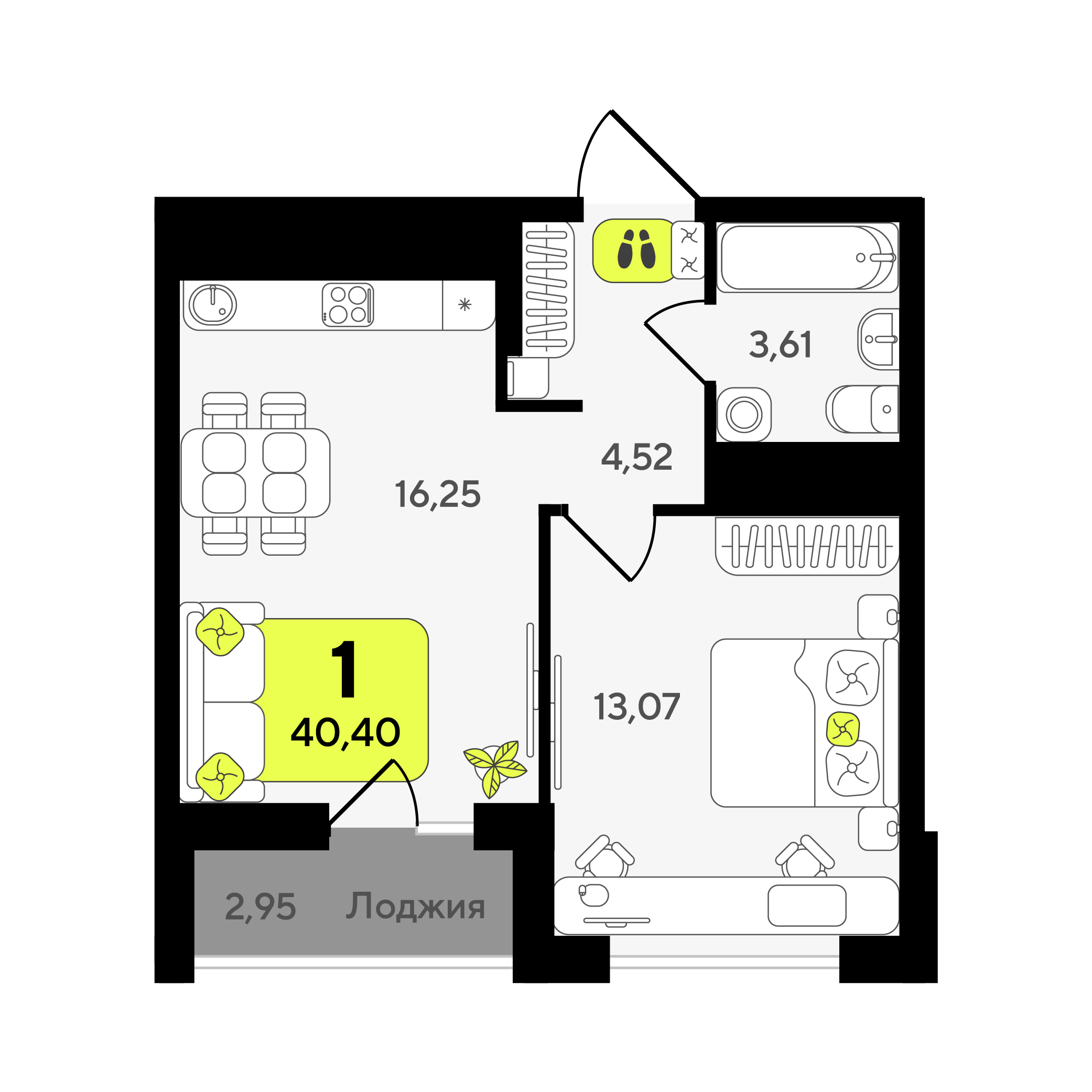 Планировка: Евродвушка 40.4 м² в ЖК Окинава, 5-й Заречный