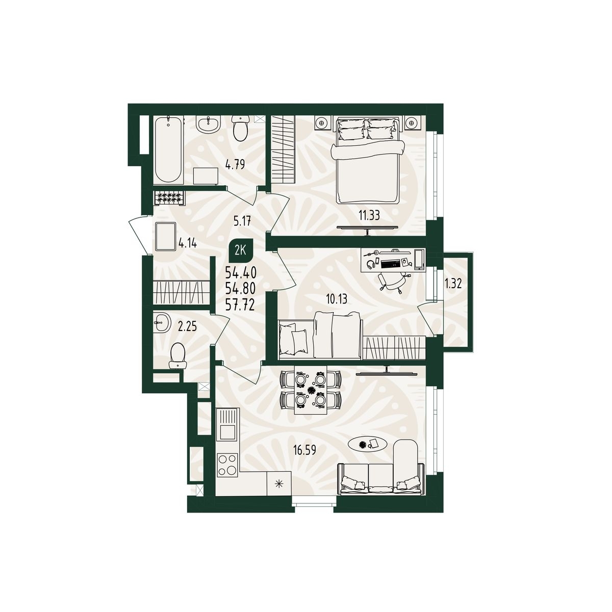 Планировка: Формат уточняется 55.7 м² в ЖК Вида, От Слободы до Комарово парк