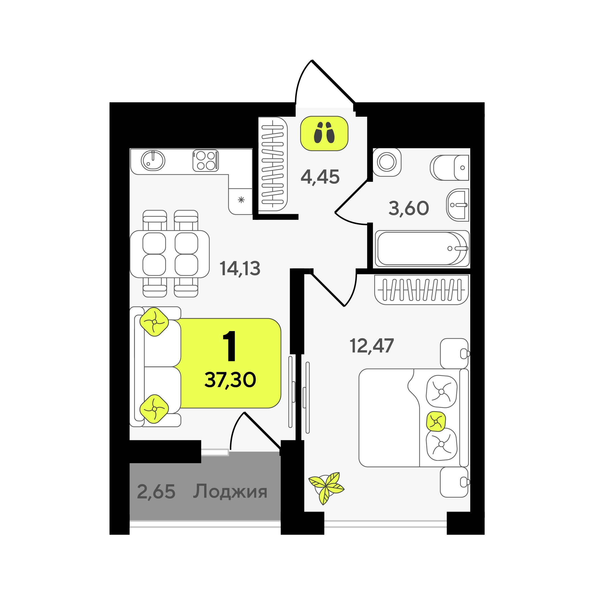 Планировка: Евродвушка 37.3 м² в ЖК Окинава, 5-й Заречный