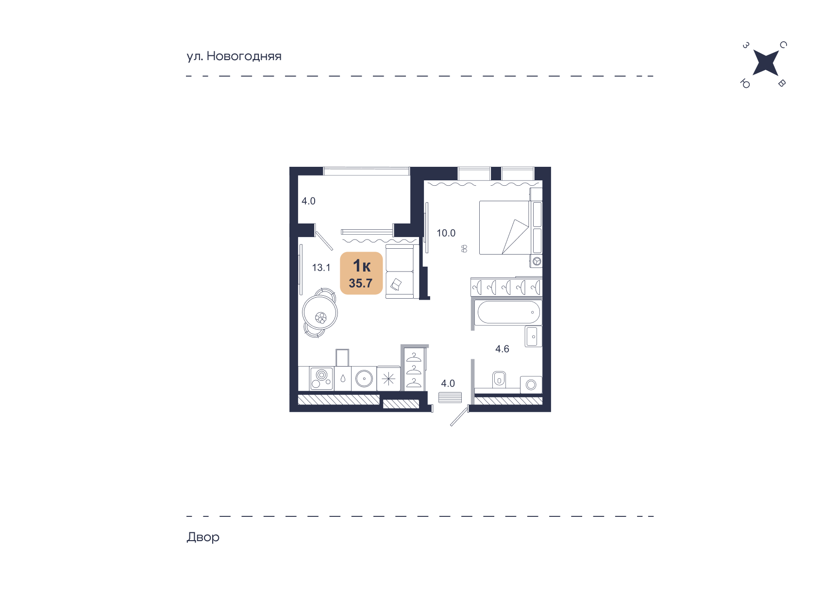 Планировка: Евродвушка 35.7 м² в ЖК Свой, Югра