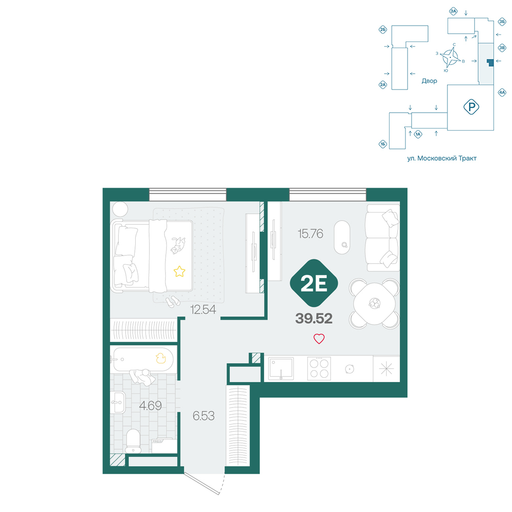 Планировка: Формат уточняется 39.5 м² в ЖК Сибирский, Московский тракт