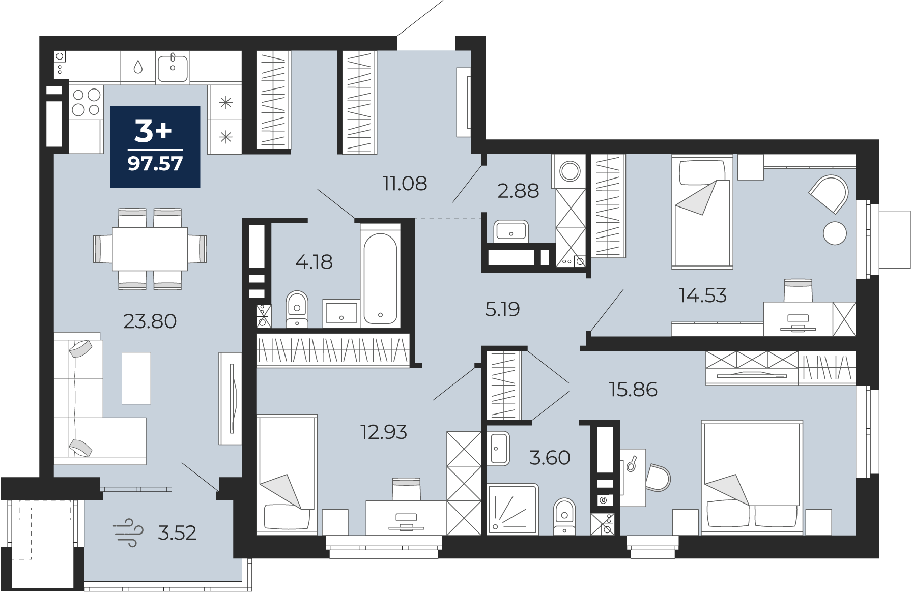 Планировка: 4-комнатная евро 94 м² в ЖК Мириады, Мыс