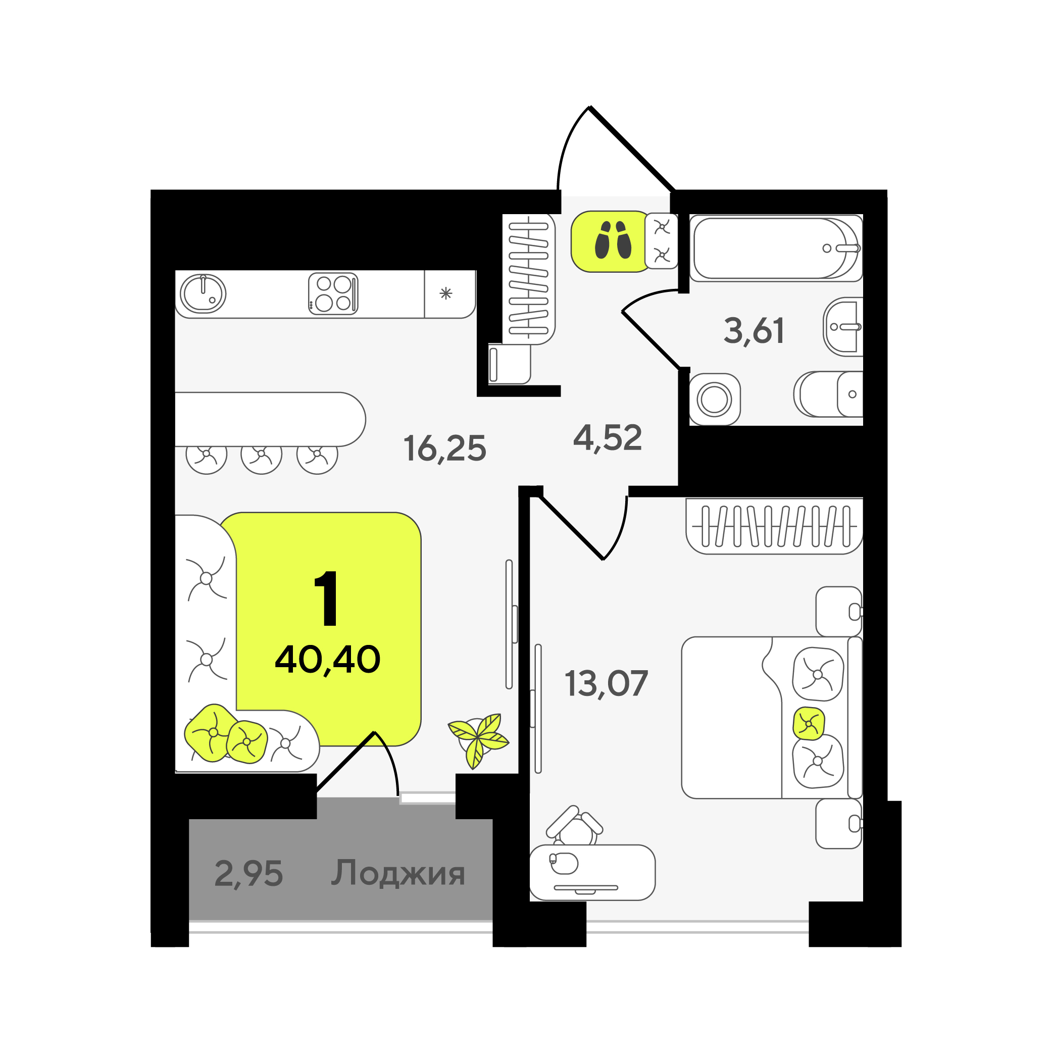 Планировка: Евродвушка 40.4 м² в ЖК Окинава, 5-й Заречный