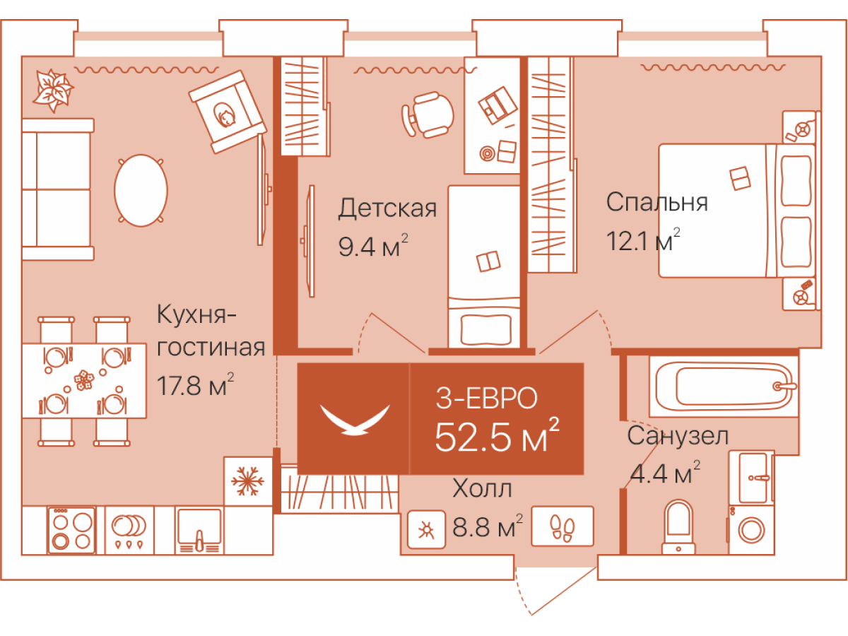 Планировка: Евротрешка 52.5 м² в ЖК Дом на Большой Спасской, Воровского