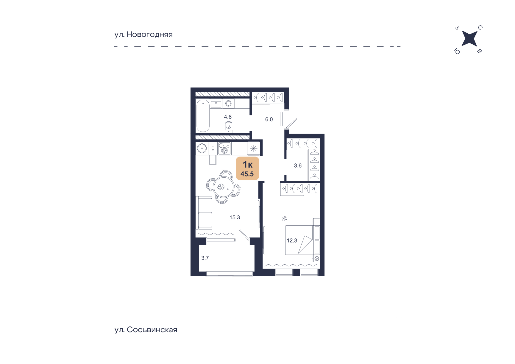 Планировка: Евродвушка 45.5 м² в ЖК Свой, Югра
