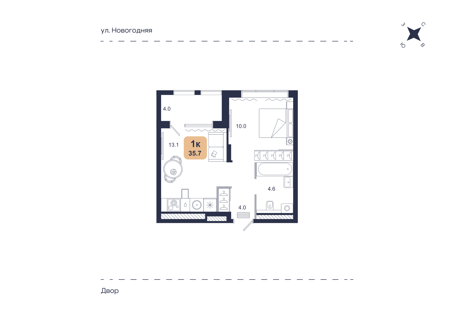 Планировка: Евродвушка 35.7 м² в ЖК Свой, Югра