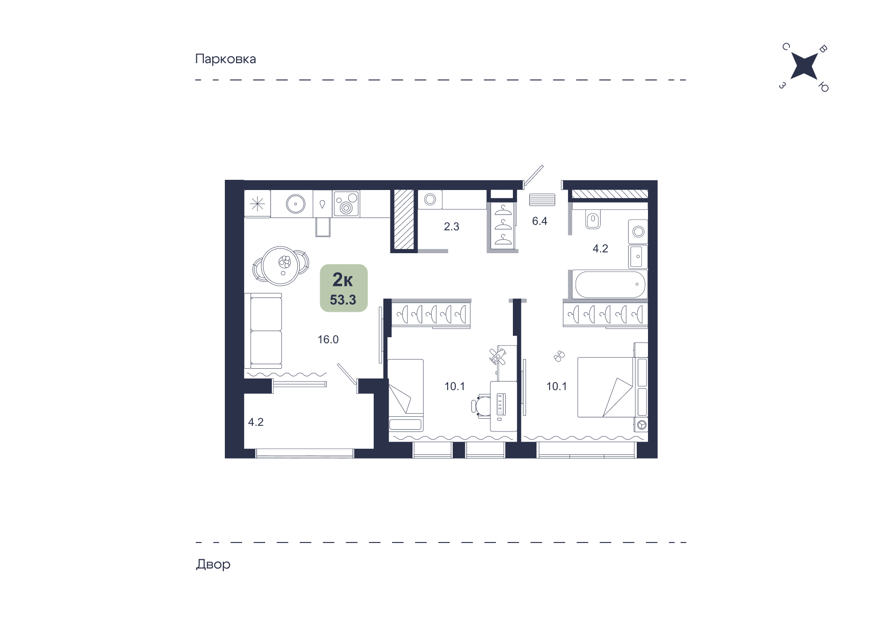 Планировка: Евротрешка 53.3 м² в ЖК Свой, Югра