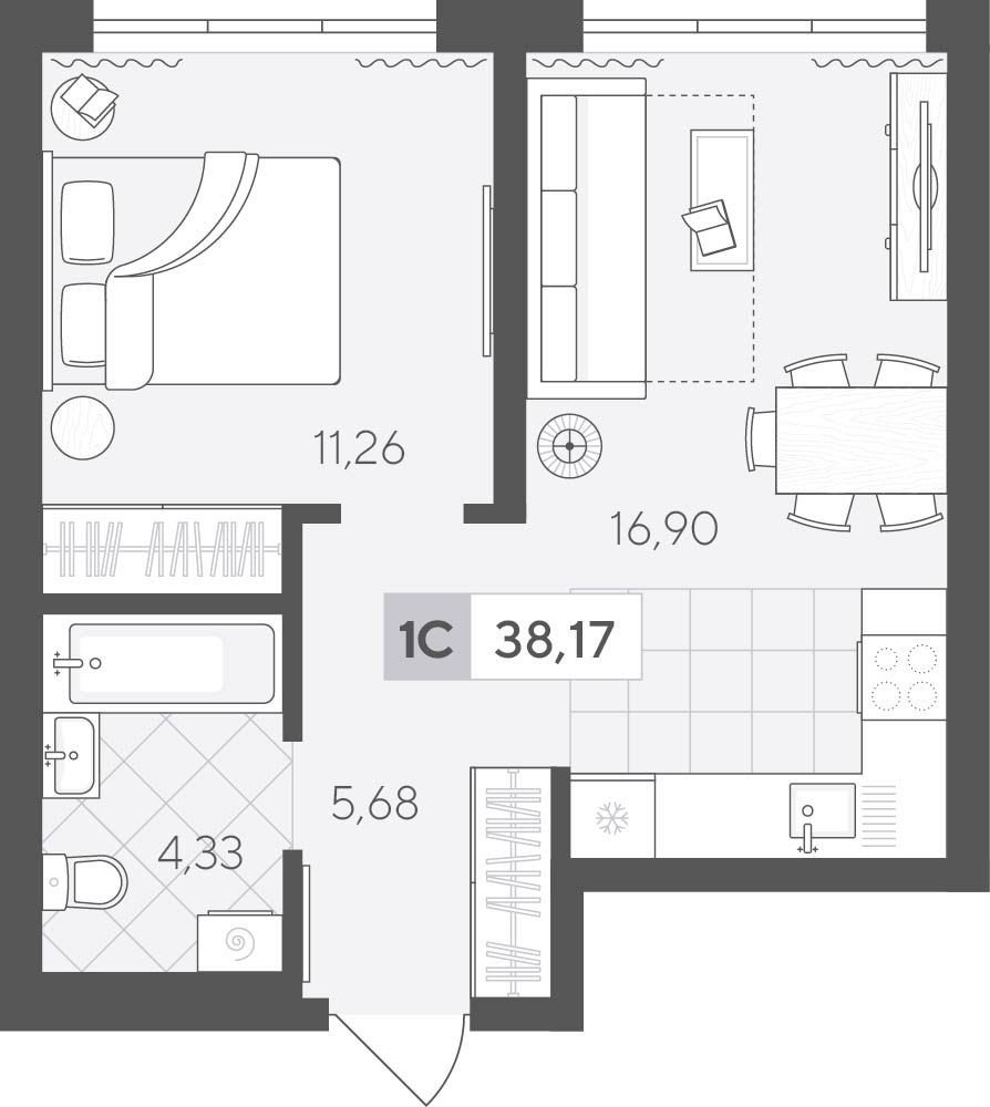 Планировка: Евродвушка 38.2 м² в ЖК Скандиа. Квартал у Леса, Комарово Парк