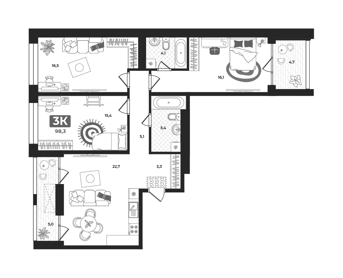 Планировка: 4-комнатная евро 88.8 м² в ЖК Маэстро, 5-й Заречный