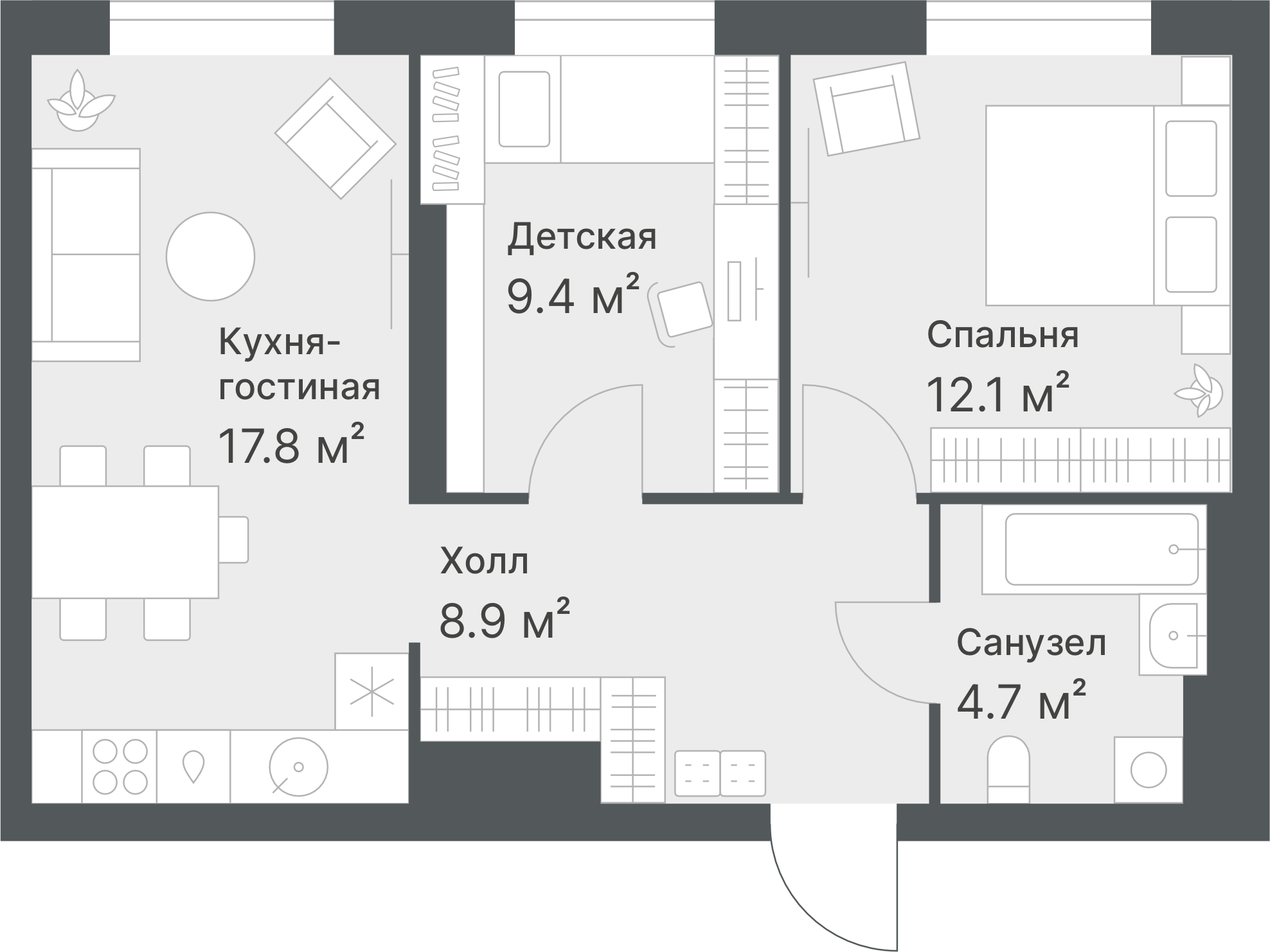 Планировка: Евротрешка 52.9 м² в ЖК Дружеский, Плеханово