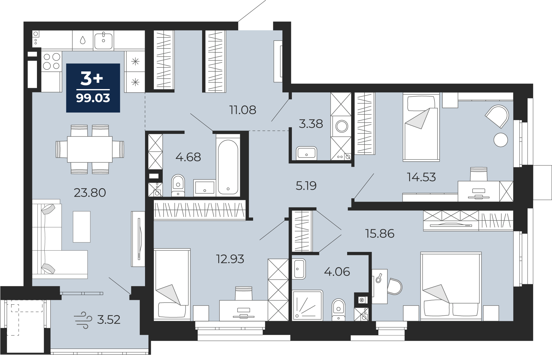 Планировка: 4-комнатная евро 95.5 м² в ЖК Мириады, Мыс