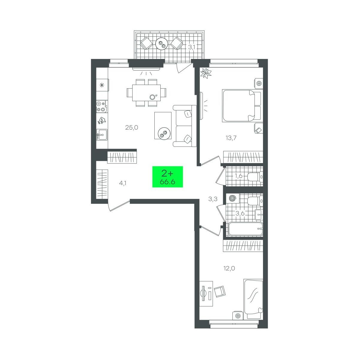 Планировка: Евротрешка 66.7 м² в ЖК Сезоны, От Слободы до Комарово парк