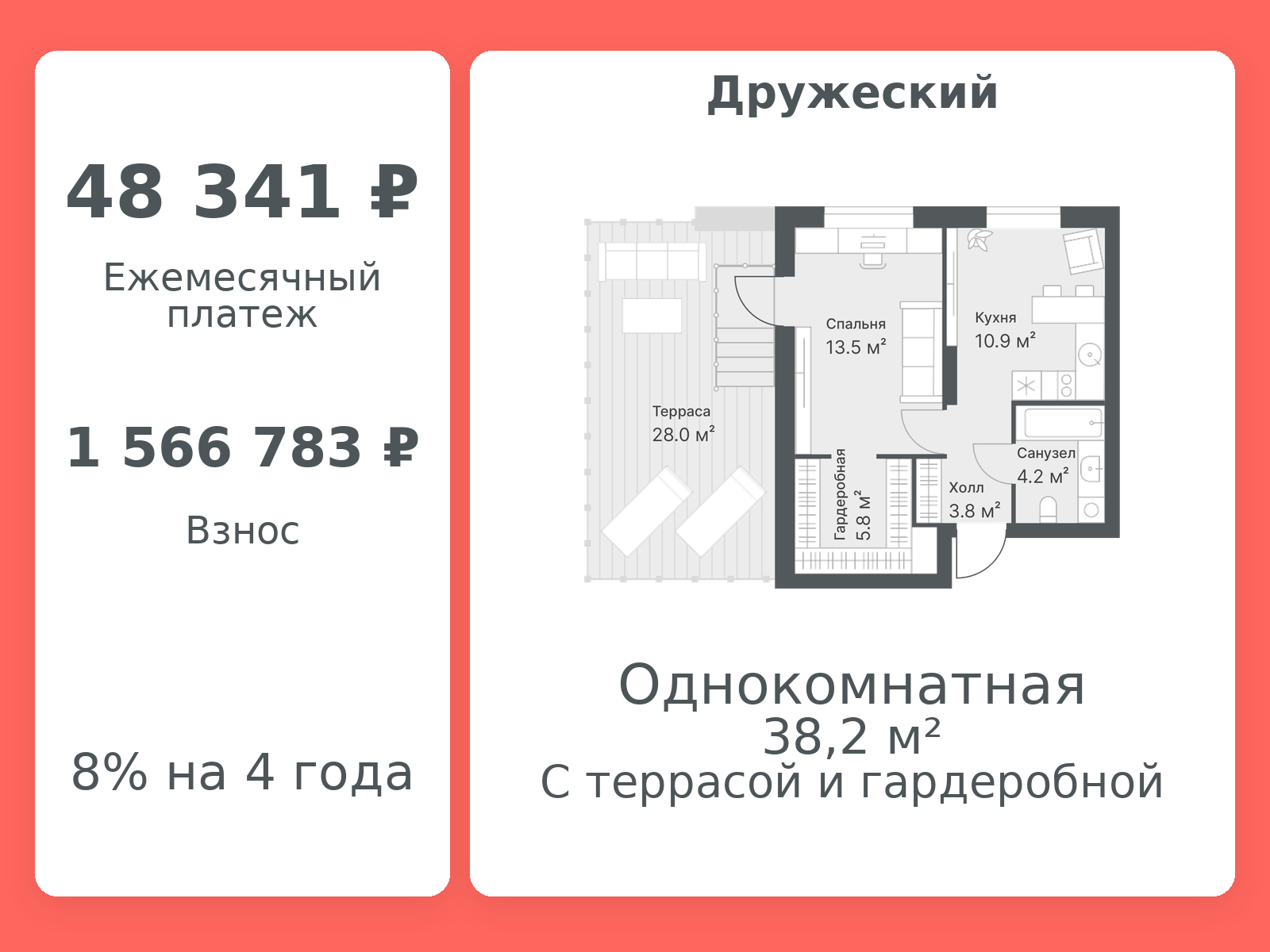 Планировка: Евродвушка 38.2 м² в ЖК Дружеский, Плеханово